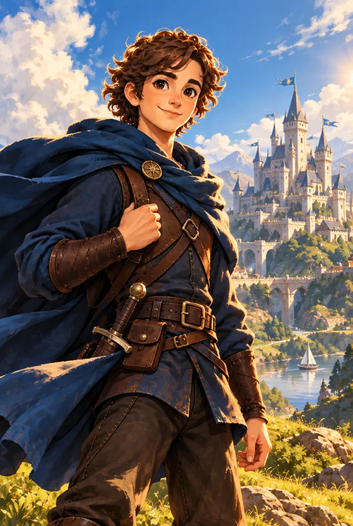 The same young man as a fantasy hero in a blue cloak, looking at a castle