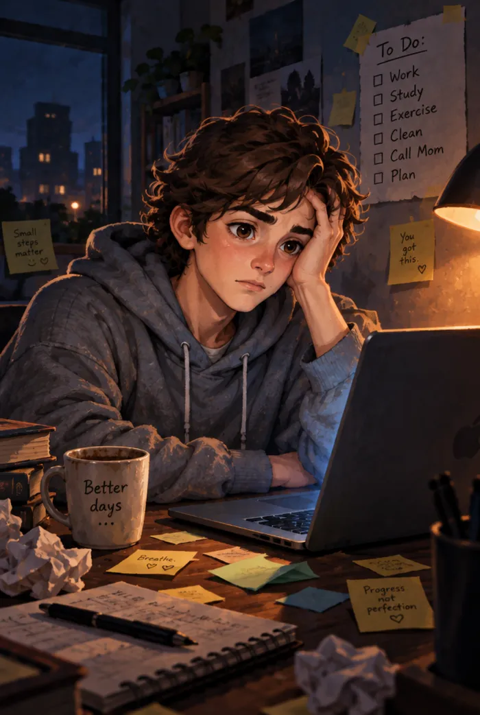 A tired young man at a messy desk late at night, surrounded by sticky notes