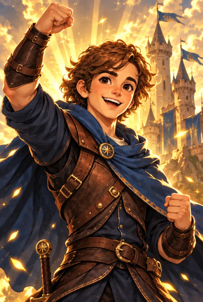 The hero raising a fist in triumph in golden light