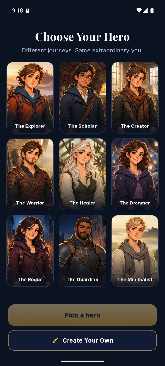 Guildivity hero selection screen with nine painted heroes
